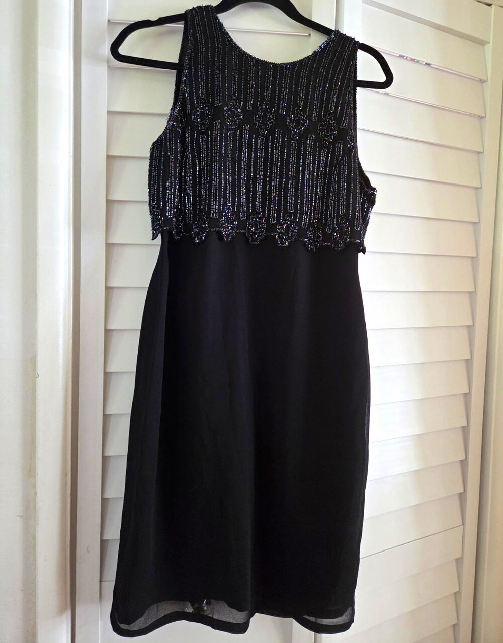 JMD New York Women’s Petites PL Black Chiffon Shift Dress Beaded Lined Zip